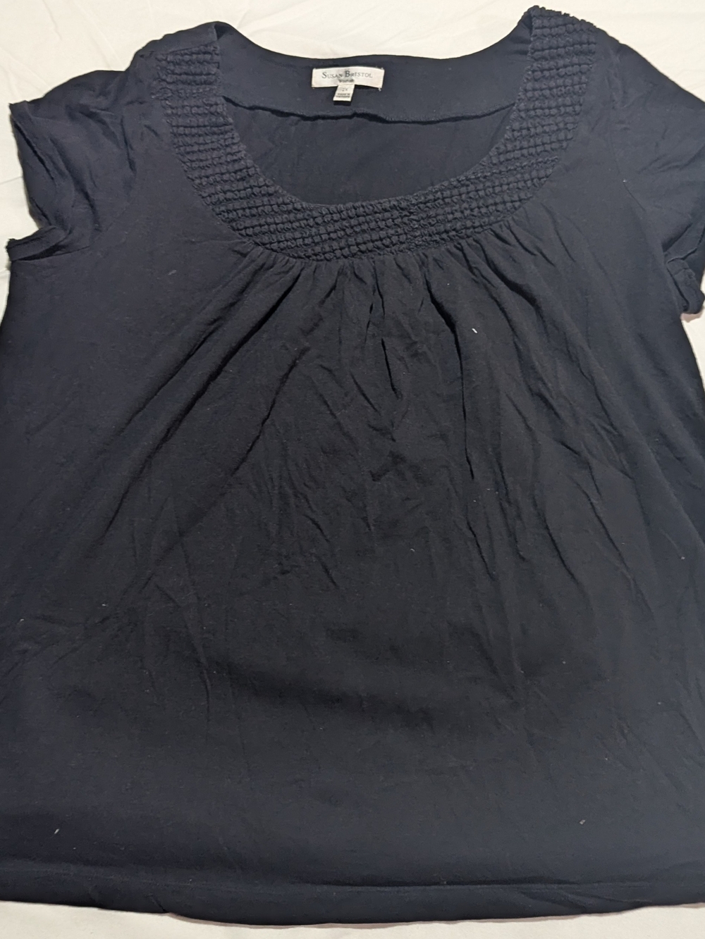 Susan Bristol Black Smocked Scoop-Neck Short Sleeve Top